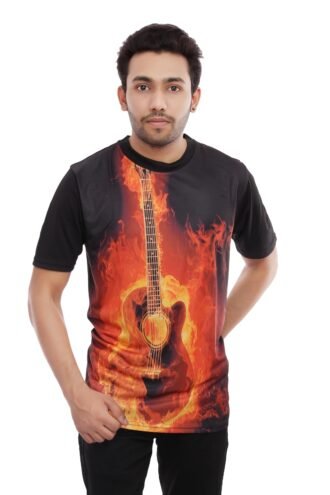 Guitar Printed Casual Black Tshirt Round Neck