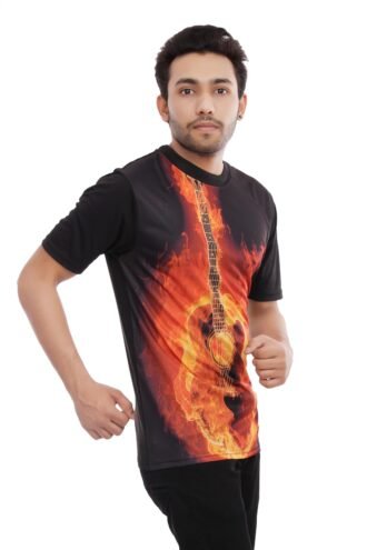 Guitar Printed Casual Black Tshirt Round Neck