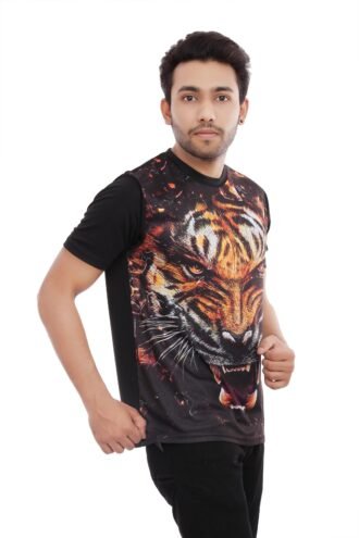 Tiger Printed Casual Black Tshirt Round Neck